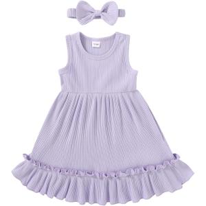 imageYOUNGER TREE Toddler Girl Summer Sundress Sleeveless Casual Dress Ruffle Hem Cotton Solid Outfits with BowknotPurple