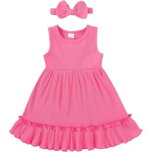 imageYOUNGER TREE Toddler Girl Summer Sundress Sleeveless Casual Dress Ruffle Hem Cotton Solid Outfits with BowknotRose Pink