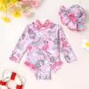 imageInfant Baby Girls Long Sleeve One Piece Swimsuit with Hat Floral Zipper Bathing Suit Leopard Beach WearPink Edged Unicorn