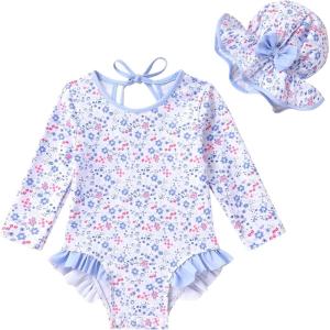 imageInfant Baby Girls Long Sleeve One Piece Swimsuit with Hat Floral Zipper Bathing Suit Leopard Beach WearBlue Border Floral Fragments