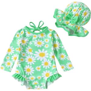 imageInfant Baby Girls Long Sleeve One Piece Swimsuit with Hat Floral Zipper Bathing Suit Leopard Beach WearGreen Edged Daisy