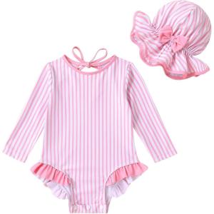 imageInfant Baby Girls Long Sleeve One Piece Swimsuit with Hat Floral Zipper Bathing Suit Leopard Beach WearPink Border Stripes