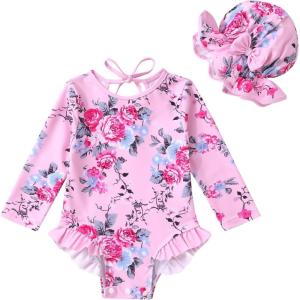 imageInfant Baby Girls Long Sleeve One Piece Swimsuit with Hat Floral Zipper Bathing Suit Leopard Beach WearPink Edged Big Flower