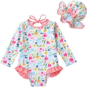 imageInfant Baby Girls Long Sleeve One Piece Swimsuit with Hat Floral Zipper Bathing Suit Leopard Beach WearPink Edged Floral Fragments