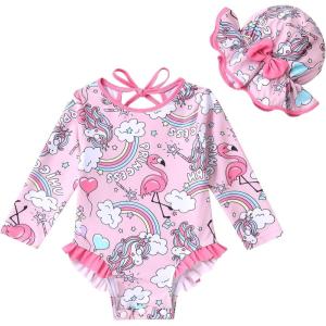 imageInfant Baby Girls Long Sleeve One Piece Swimsuit with Hat Floral Zipper Bathing Suit Leopard Beach WearPink Edged Unicorn