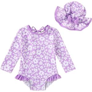 imageInfant Baby Girls Long Sleeve One Piece Swimsuit with Hat Floral Zipper Bathing Suit Leopard Beach WearPurple Floral Fragments