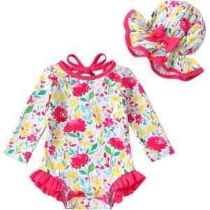 imageInfant Baby Girls Long Sleeve One Piece Swimsuit with Hat Floral Zipper Bathing Suit Leopard Beach WearRose Red Edged Big Flower
