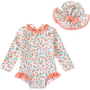imageInfant Baby Girls Long Sleeve One Piece Swimsuit with Hat Floral Zipper Bathing Suit Leopard Beach WearYellow Floral Fragments