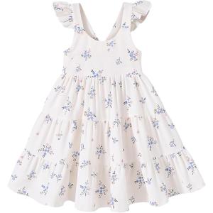 imageKids Toddler Baby Girls Rainbow Dress Princess Sleeveless Beach Butterfly SundressBlue Floral Print White Dress