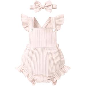 imageYOUNGER TREE Newborn Baby Girl Clothes Solid Color Ruffle Sleeveless Romper Infant Summer Jumpsuit OutfitBeige