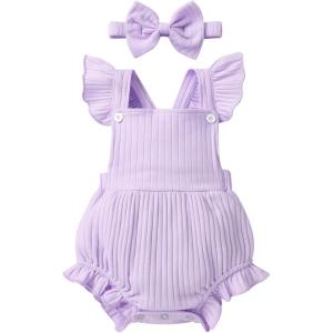 imageYOUNGER TREE Newborn Baby Girl Clothes Solid Color Ruffle Sleeveless Romper Infant Summer Jumpsuit OutfitBright Purple