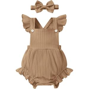 imageYOUNGER TREE Newborn Baby Girl Clothes Solid Color Ruffle Sleeveless Romper Infant Summer Jumpsuit OutfitEarth Tone
