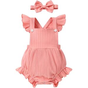 imageYOUNGER TREE Newborn Baby Girl Clothes Solid Color Ruffle Sleeveless Romper Infant Summer Jumpsuit OutfitPink