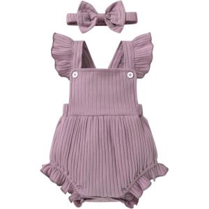 imageYOUNGER TREE Newborn Baby Girl Clothes Solid Color Ruffle Sleeveless Romper Infant Summer Jumpsuit OutfitPurple
