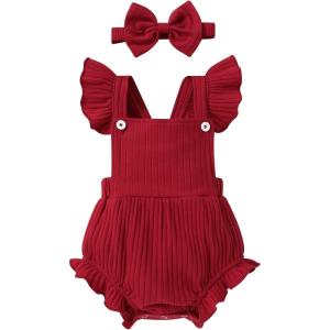 imageYOUNGER TREE Newborn Baby Girl Clothes Solid Color Ruffle Sleeveless Romper Infant Summer Jumpsuit OutfitRed