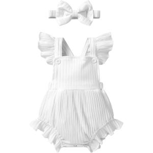 imageYOUNGER TREE Newborn Baby Girl Clothes Solid Color Ruffle Sleeveless Romper Infant Summer Jumpsuit OutfitWhite