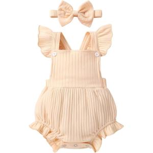 imageYOUNGER TREE Newborn Baby Girl Clothes Solid Color Ruffle Sleeveless Romper Infant Summer Jumpsuit OutfitYellow