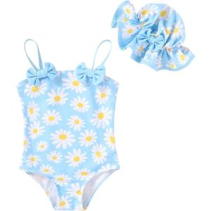 imageYOUNGER TREE Toddler Baby Girl Swimsuit Infant One Piece Bathing Suits with Hat Newborn Summer Beach SwimwearBlue Daisy