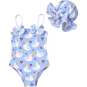 imageYOUNGER TREE Toddler Baby Girl Swimsuit Infant One Piece Bathing Suits with Hat Newborn Summer Beach SwimwearBlue Duck