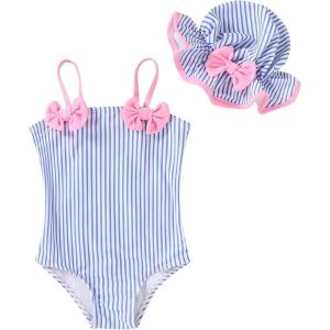 imageYOUNGER TREE Toddler Baby Girl Swimsuit Infant One Piece Bathing Suits with Hat Newborn Summer Beach SwimwearBlue Stripes