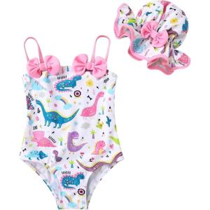 imageYOUNGER TREE Toddler Baby Girl Swimsuit Infant One Piece Bathing Suits with Hat Newborn Summer Beach SwimwearDinosaur