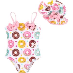 imageYOUNGER TREE Toddler Baby Girl Swimsuit Infant One Piece Bathing Suits with Hat Newborn Summer Beach SwimwearDonut