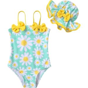 imageYOUNGER TREE Toddler Baby Girl Swimsuit Infant One Piece Bathing Suits with Hat Newborn Summer Beach SwimwearGreen Daisy