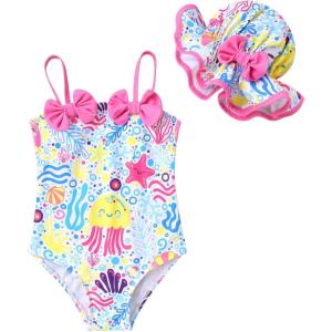 imageYOUNGER TREE Toddler Baby Girl Swimsuit Infant One Piece Bathing Suits with Hat Newborn Summer Beach SwimwearJellyfish