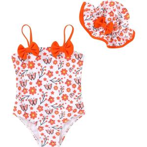 imageYOUNGER TREE Toddler Baby Girl Swimsuit Infant One Piece Bathing Suits with Hat Newborn Summer Beach SwimwearOrange Floral