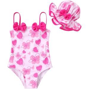 imageYOUNGER TREE Toddler Baby Girl Swimsuit Infant One Piece Bathing Suits with Hat Newborn Summer Beach SwimwearPink Butterfly