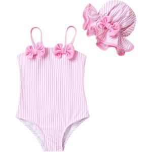 imageYOUNGER TREE Toddler Baby Girl Swimsuit Infant One Piece Bathing Suits with Hat Newborn Summer Beach SwimwearPink Stripes