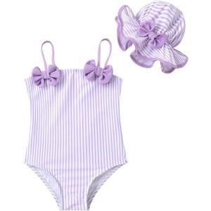 imageYOUNGER TREE Toddler Baby Girl Swimsuit Infant One Piece Bathing Suits with Hat Newborn Summer Beach SwimwearPurple Stripe