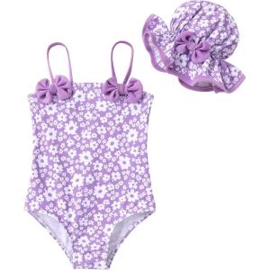 imageYOUNGER TREE Toddler Baby Girl Swimsuit Infant One Piece Bathing Suits with Hat Newborn Summer Beach SwimwearPurple White Flowers