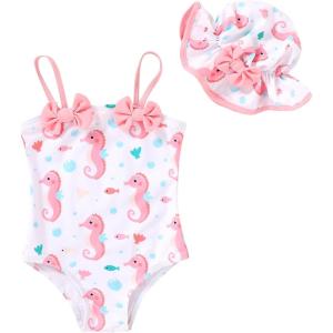 imageYOUNGER TREE Toddler Baby Girl Swimsuit Infant One Piece Bathing Suits with Hat Newborn Summer Beach SwimwearSeahorse