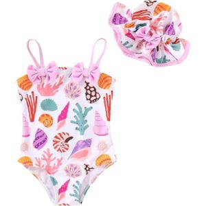 imageYOUNGER TREE Toddler Baby Girl Swimsuit Infant One Piece Bathing Suits with Hat Newborn Summer Beach SwimwearShell