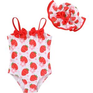 imageYOUNGER TREE Toddler Baby Girl Swimsuit Infant One Piece Bathing Suits with Hat Newborn Summer Beach SwimwearStrawberry