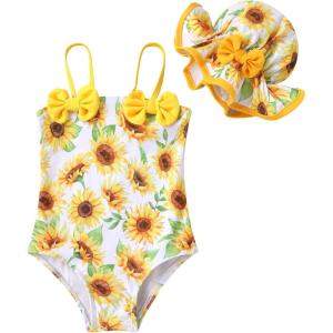 imageYOUNGER TREE Toddler Baby Girl Swimsuit Infant One Piece Bathing Suits with Hat Newborn Summer Beach SwimwearSunflower