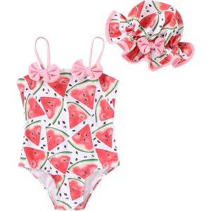 imageYOUNGER TREE Toddler Baby Girl Swimsuit Infant One Piece Bathing Suits with Hat Newborn Summer Beach SwimwearWatermelon