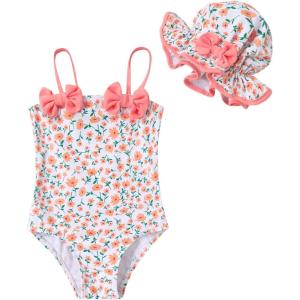 imageYOUNGER TREE Toddler Baby Girl Swimsuit Infant One Piece Bathing Suits with Hat Newborn Summer Beach SwimwearWhite Pink Flowers
