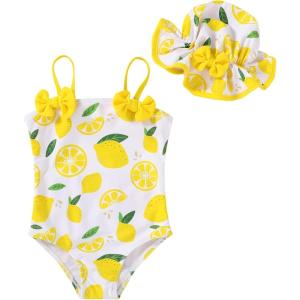 imageYOUNGER TREE Toddler Baby Girl Swimsuit Infant One Piece Bathing Suits with Hat Newborn Summer Beach SwimwearYellow Lemon