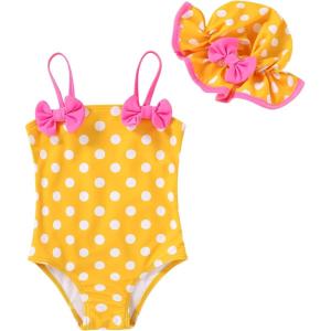 imageYOUNGER TREE Toddler Baby Girl Swimsuit Infant One Piece Bathing Suits with Hat Newborn Summer Beach SwimwearYellow Polka Dot