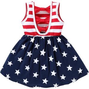 imageYOUNGER TREE Toddler Baby Girls Summer Outfit Stars and Stripes BowKnot Dress Independents Day SuitsBackless Bowknot