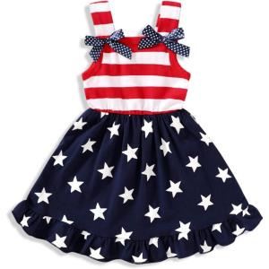 imageYOUNGER TREE Toddler Baby Girls Summer Outfit Stars and Stripes BowKnot Dress Independents Day SuitsNavy