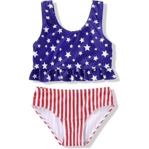 imageYOUNGER TREE Toddler Swimsuit Girl 2Pieces Leopard Bathing Suits Halter Top Bikini Bottoms Swimming Suit Kids Beach SwimwearRed White and Blue