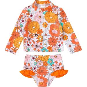 imageToddler Kids Baby Girls Summer Swimsuit Set Rash Guard Beach Wear with UPF 50 Kids Tankini Bathing SuitOrange