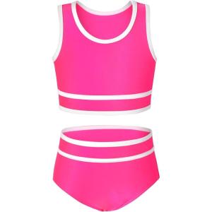 imageYOUNGER TREE Girls Swimsuit Sleeveless Tankini 2 Piece Bikini Sets Beach Sport Bathing Suit for Toddler Kids GirlMagenta and White