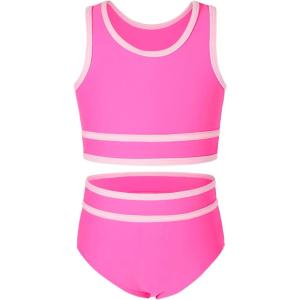 imageYOUNGER TREE Girls Swimsuit Sleeveless Tankini 2 Piece Bikini Sets Beach Sport Bathing Suit for Toddler Kids GirlPink Patchwork