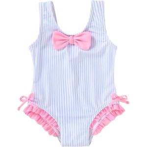 imageYOUNGER TREE Toddler Swimsuit Girl Cute Stripe OnePiece Ruffle Swimwear Baby Girl Bathing Suits with BowBlue Stirpes