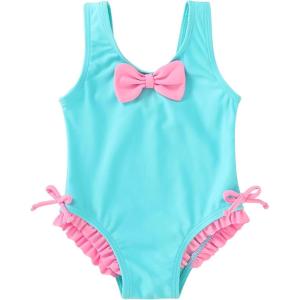 imageYOUNGER TREE Toddler Swimsuit Girl Cute Stripe OnePiece Ruffle Swimwear Baby Girl Bathing Suits with BowBlue and Pink Bow