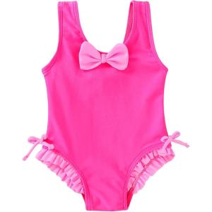 imageYOUNGER TREE Toddler Swimsuit Girl Cute Stripe OnePiece Ruffle Swimwear Baby Girl Bathing Suits with BowHot Pink and Pink Bow